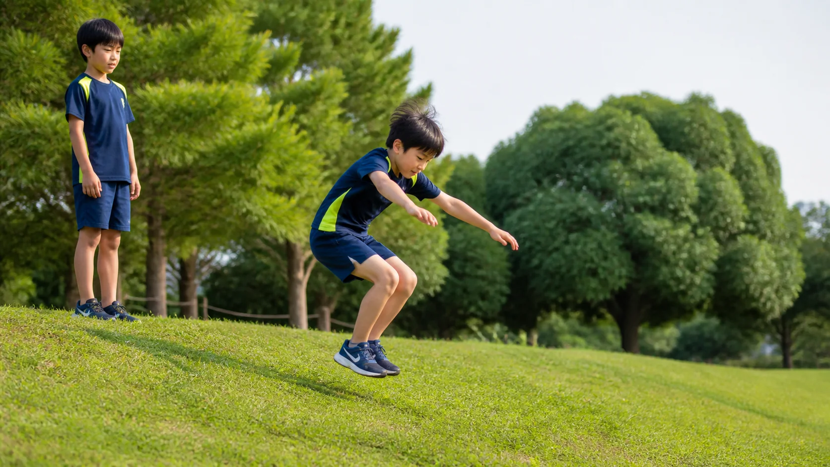 芝生の上で跳んで安全に着地する日本人の子ども