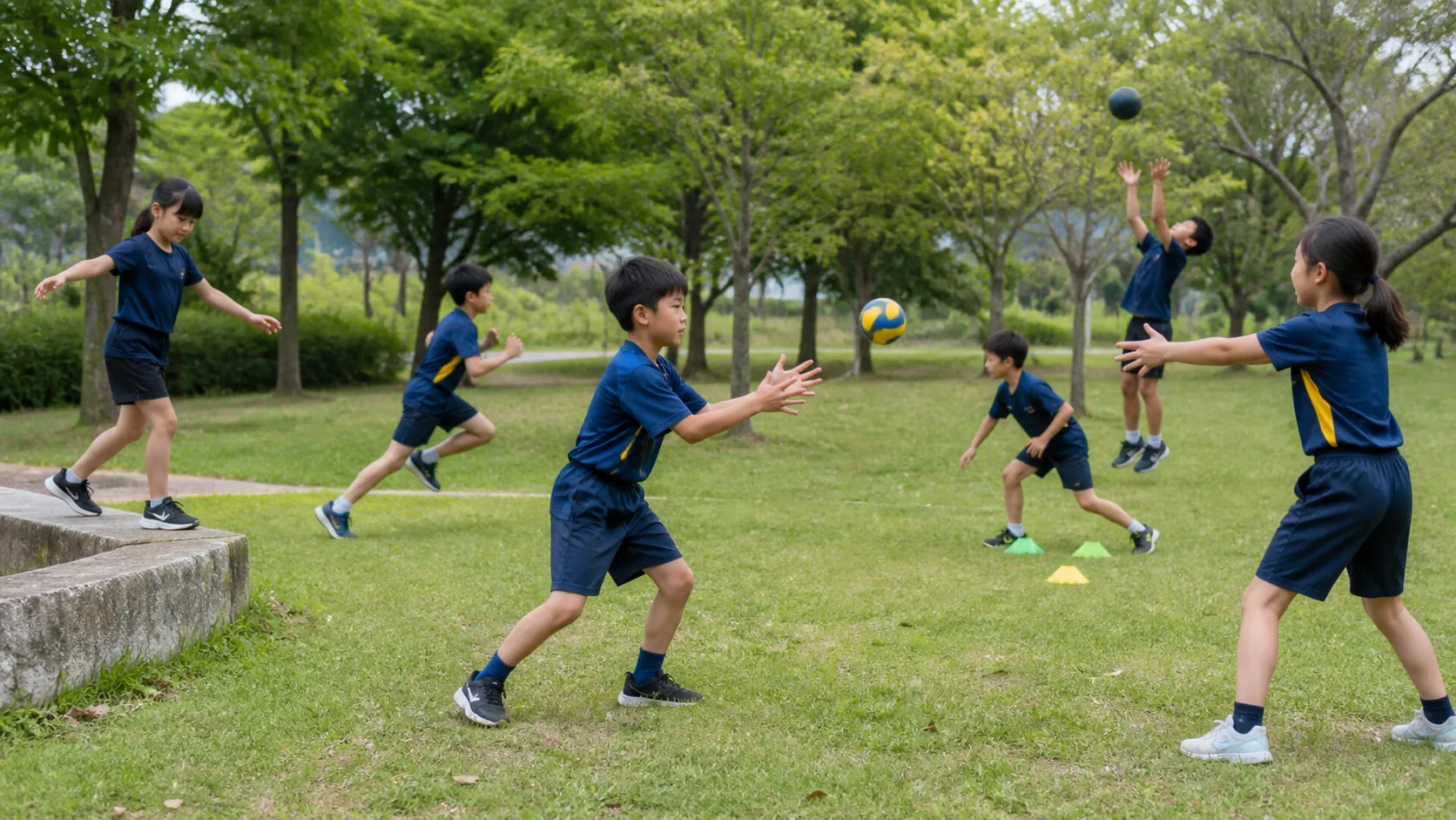 公園でバランスや反応など異なる動きを経験する日本人の子どもたち