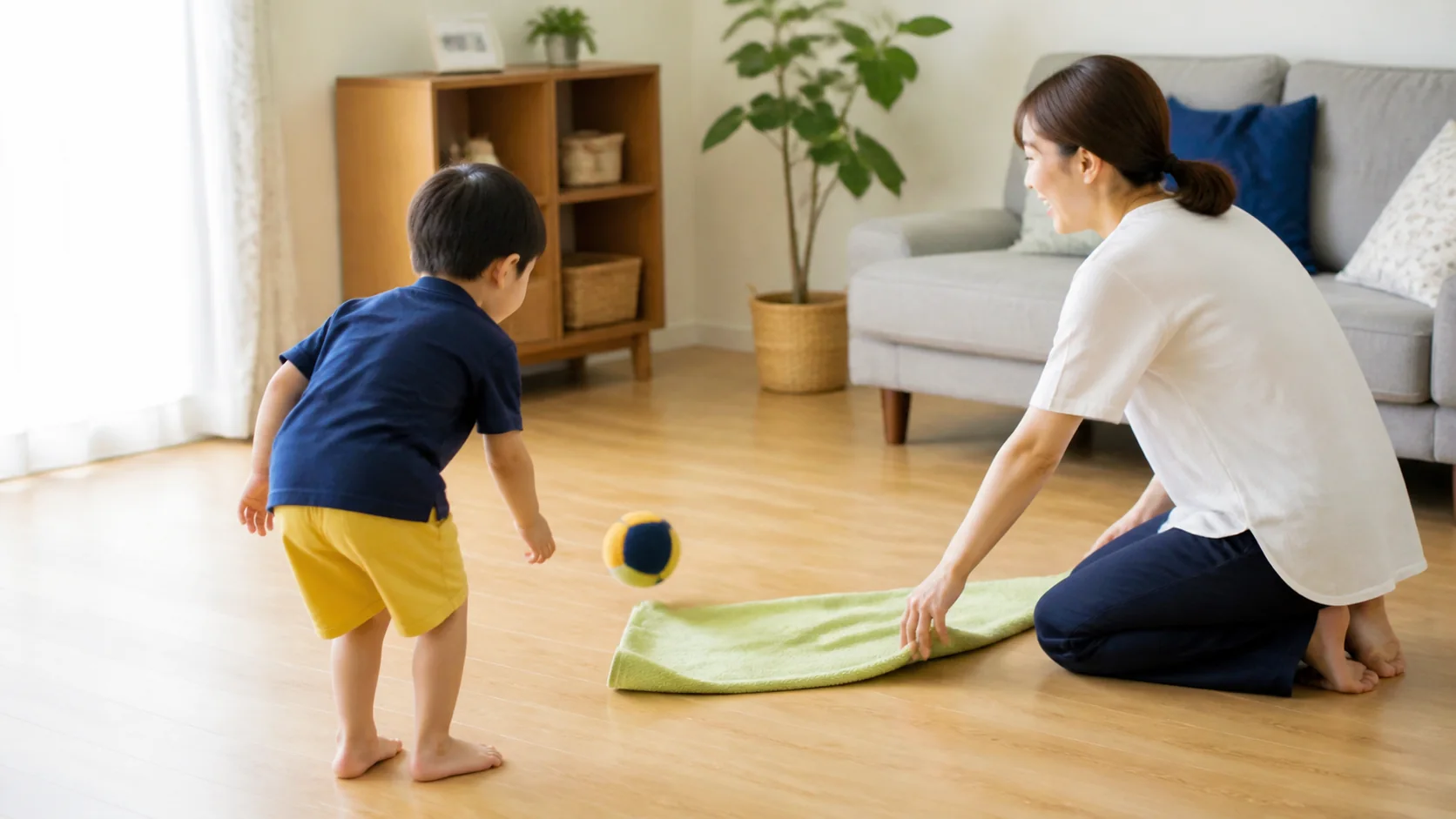 自宅で保護者と柔らかいボールを使って遊ぶ日本人の親子