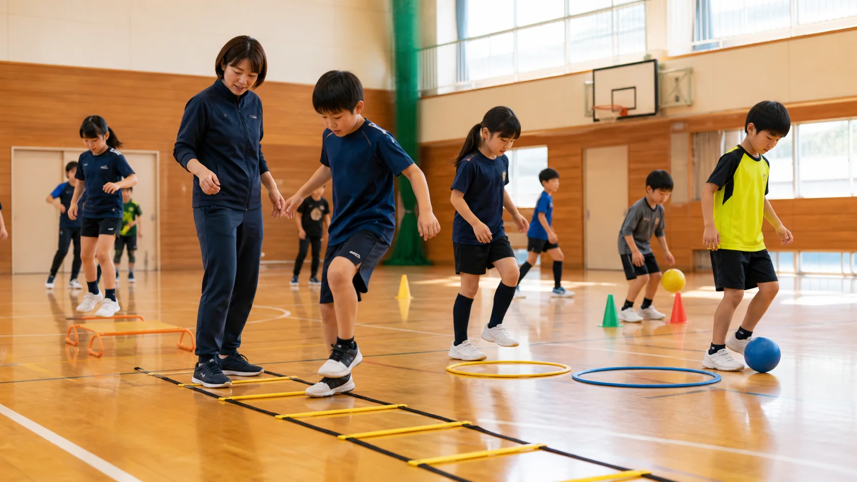 体育館で日本人の指導者に見守られながら運動する子どもたち