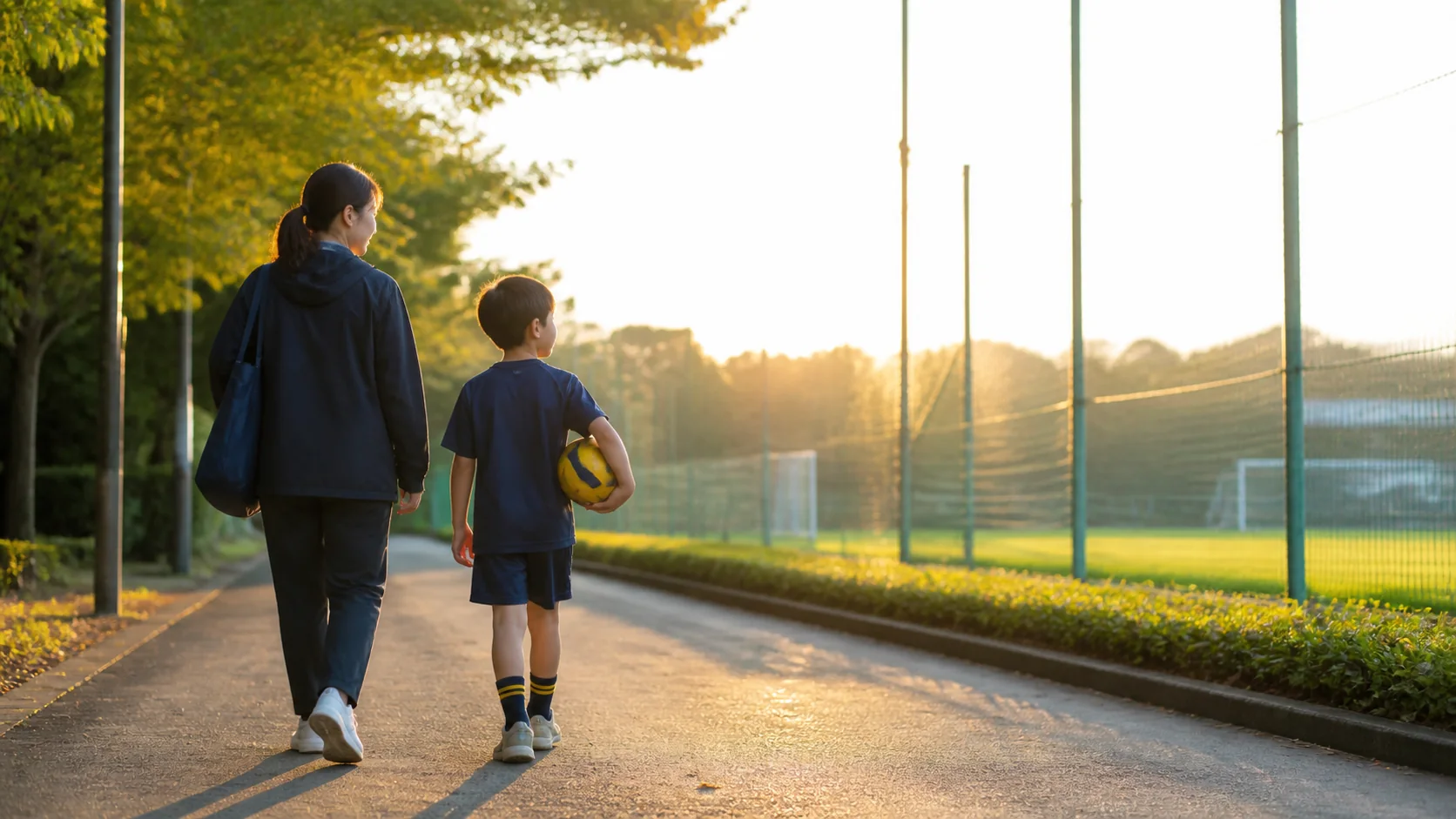 屋外の運動場から保護者と歩いて帰る日本人の子ども