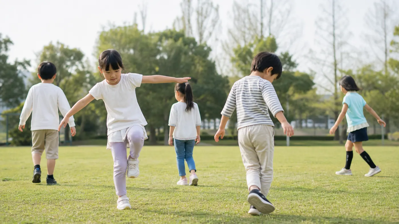 芝生の上でさまざまな動きを経験する日本人の子どもたち