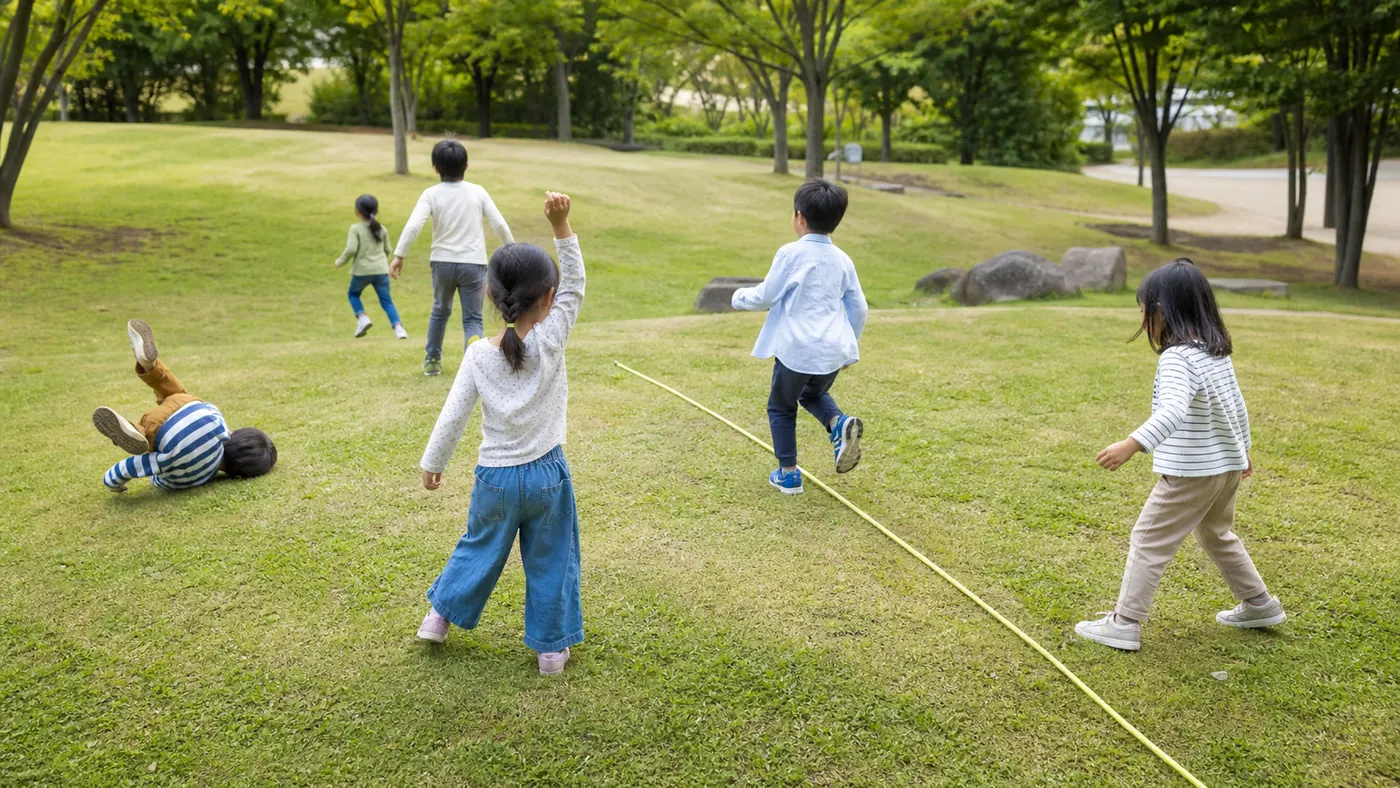 公園で転がる・またぐ・歩くなどの動きを経験する日本人の子どもたち