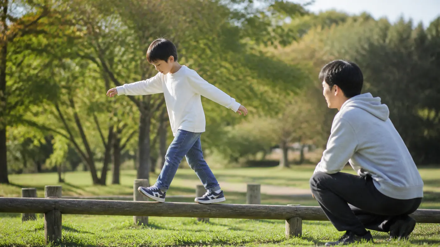 公園の平均台を渡る子どもを見守る日本人の保護者