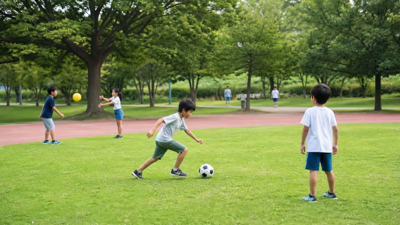 公園でサッカーボールやボールを使って遊ぶ日本人の子どもたち