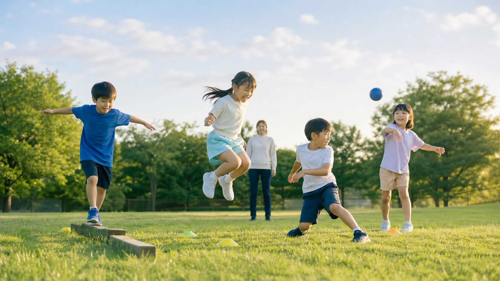 芝生の上でバランスやジャンプなど多様な動きを楽しむ日本人の子どもたち