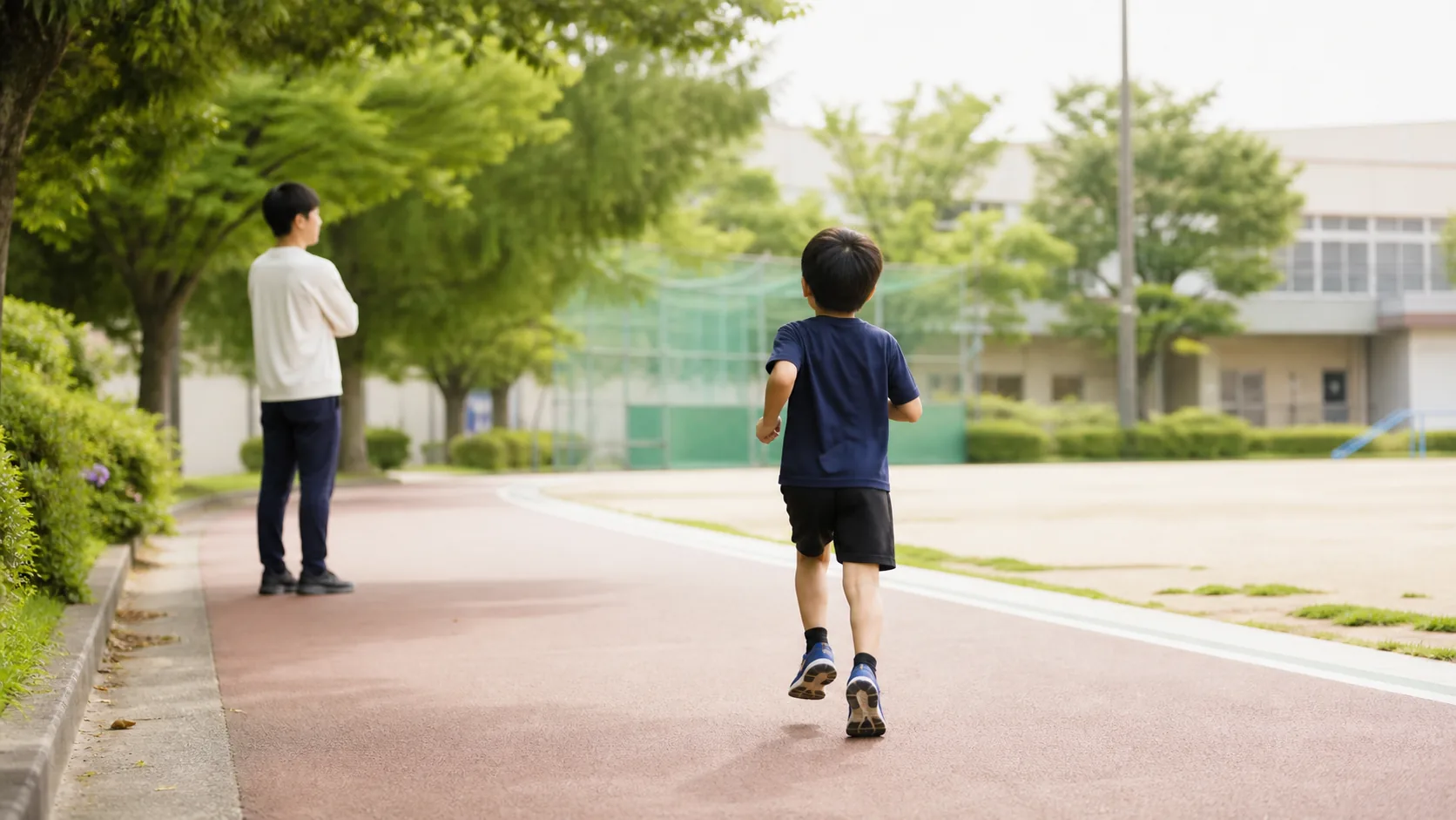 公園の道を走る日本人の子どもを見守る大人