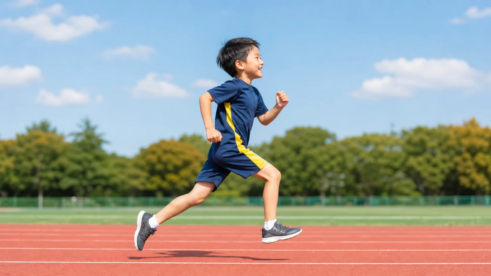 トラックを走る日本人の子どもの横向きの動き