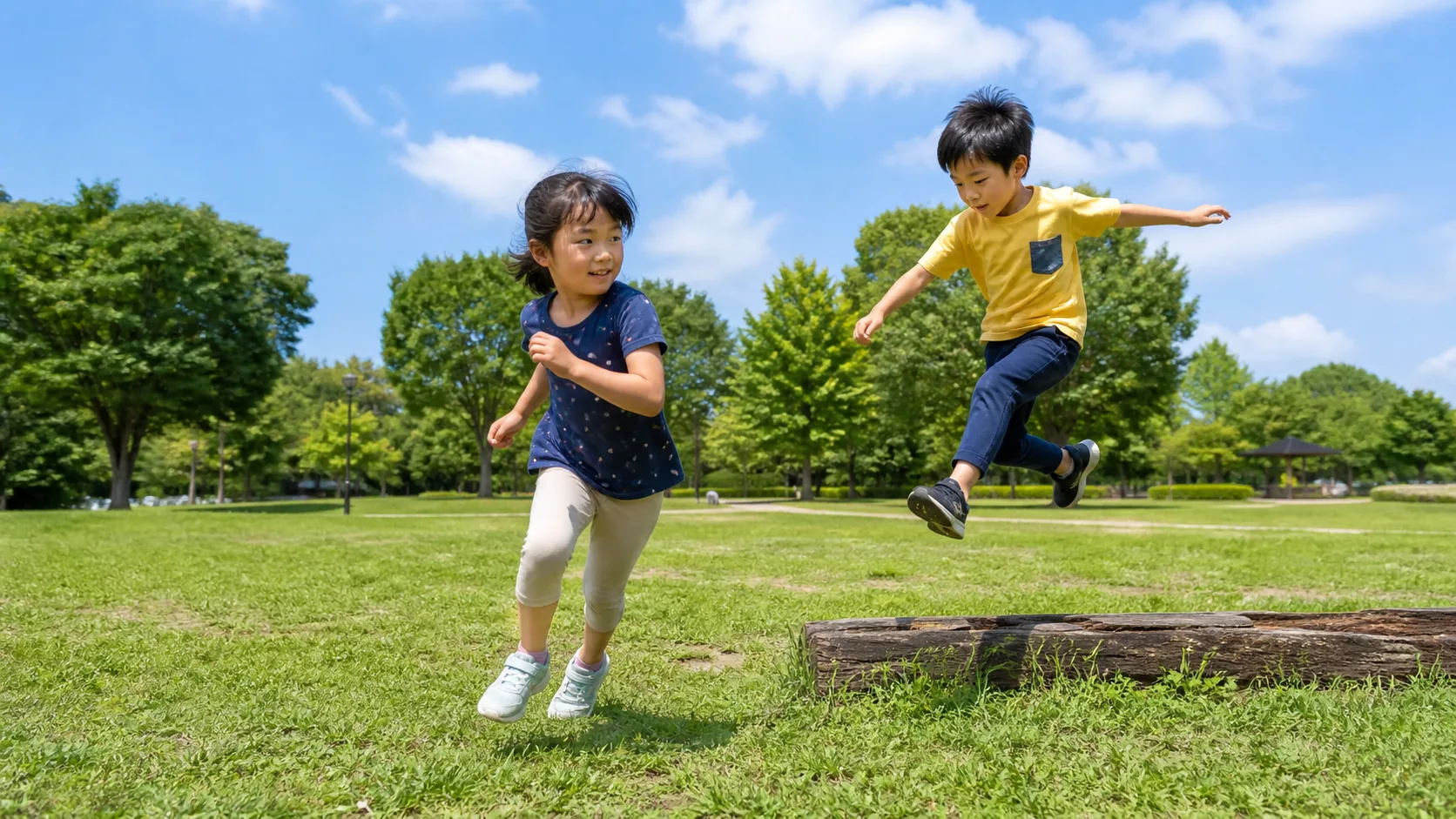 芝生の上で段差を跳び越える日本人の子どもたち