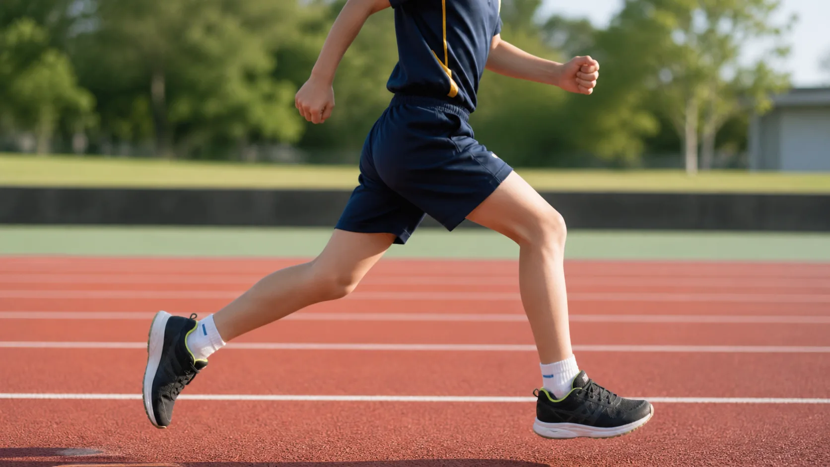 トラックを走る日本人の子どもの脚元
