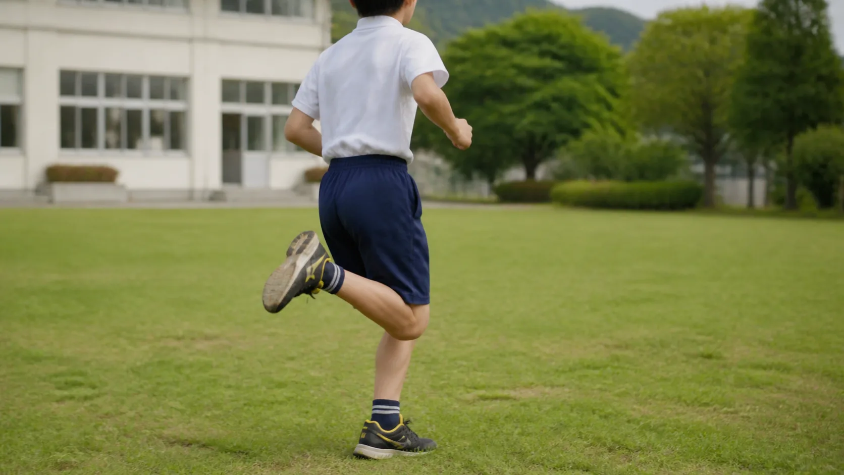 芝生を走る日本人の子どもの脚元
