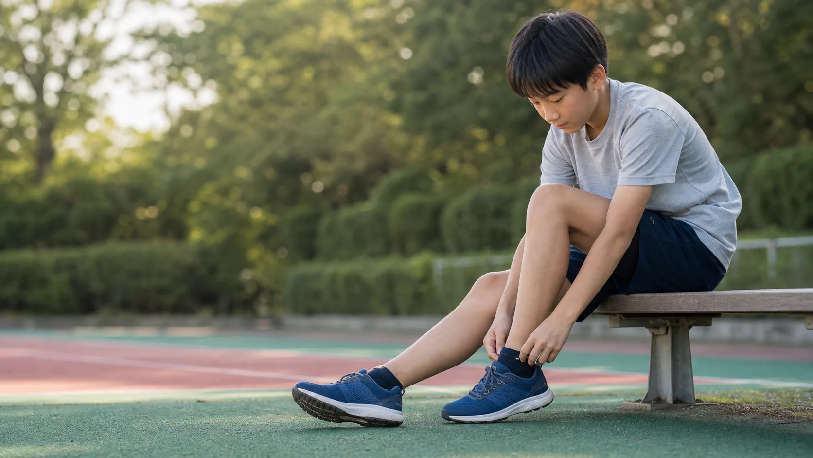 運動後にベンチで靴ひもを結ぶ日本人の子ども
