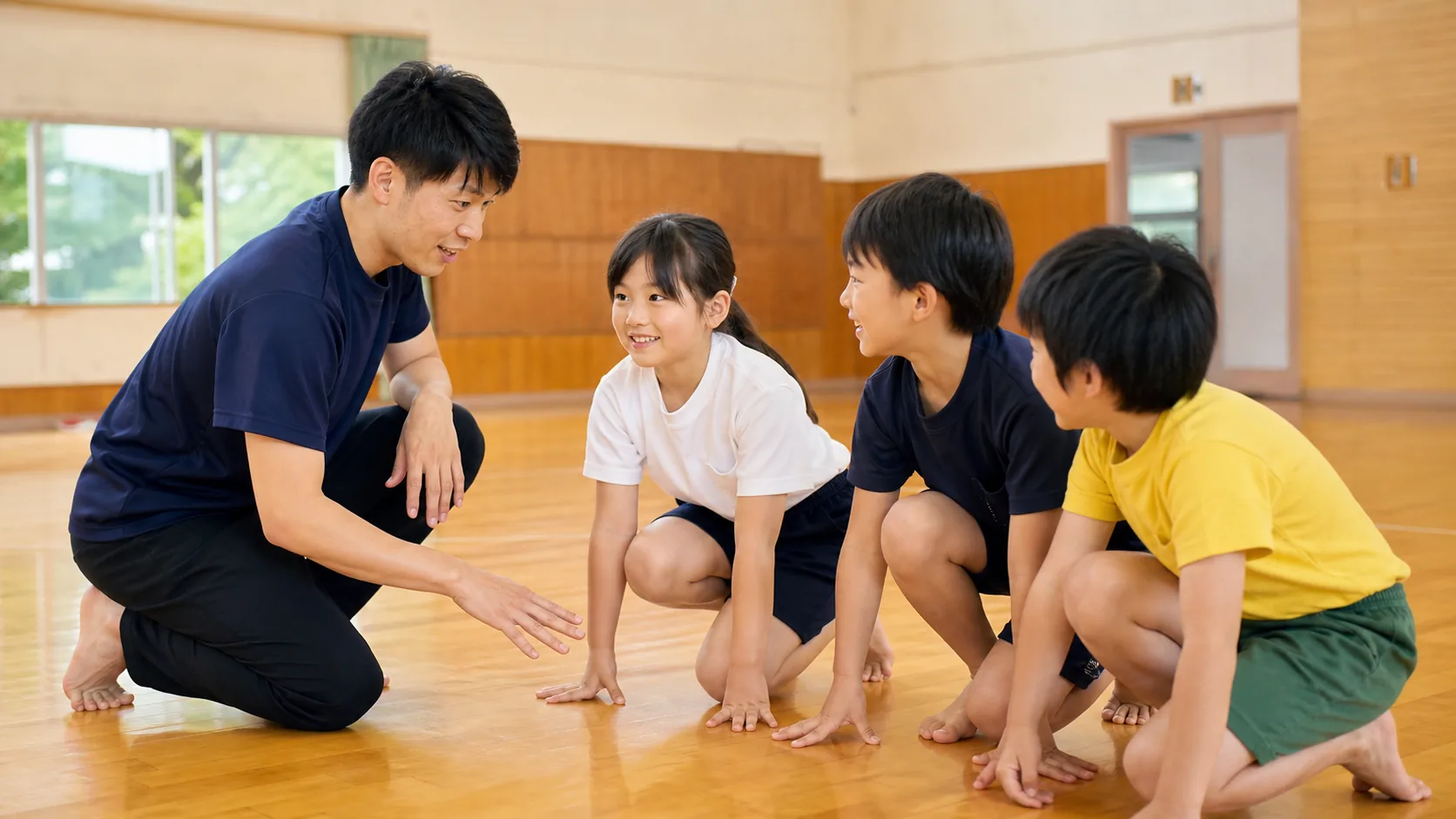 日本人の指導者と子どもたちが動き方を確認する様子