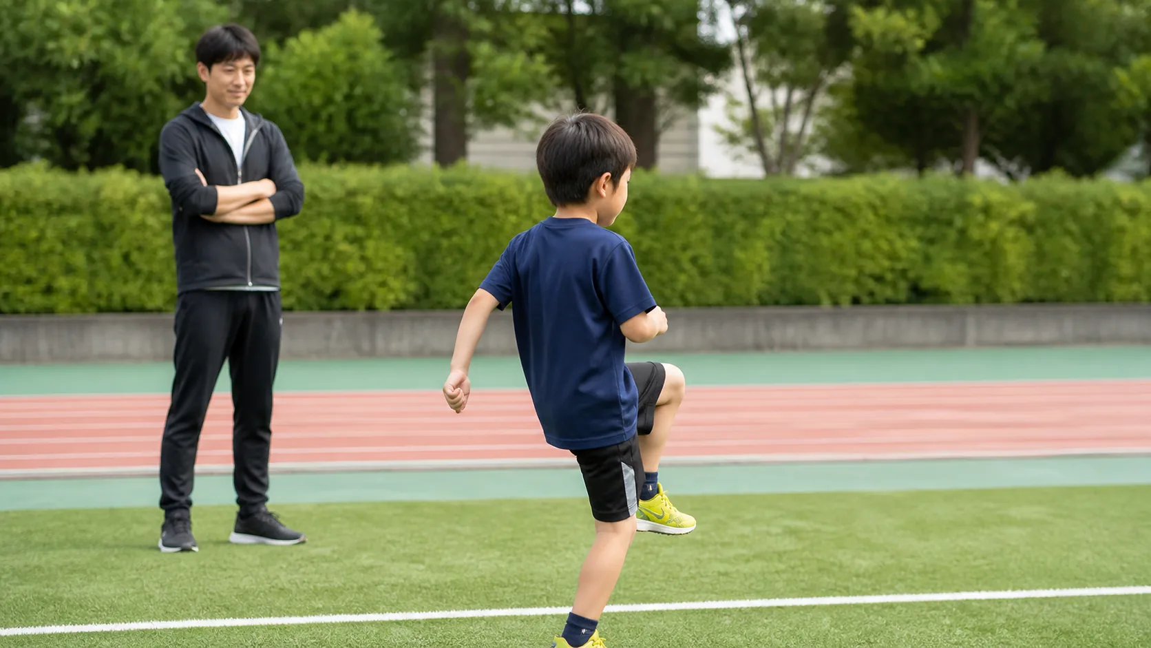 指導者に見守られながら運動する日本人の子ども