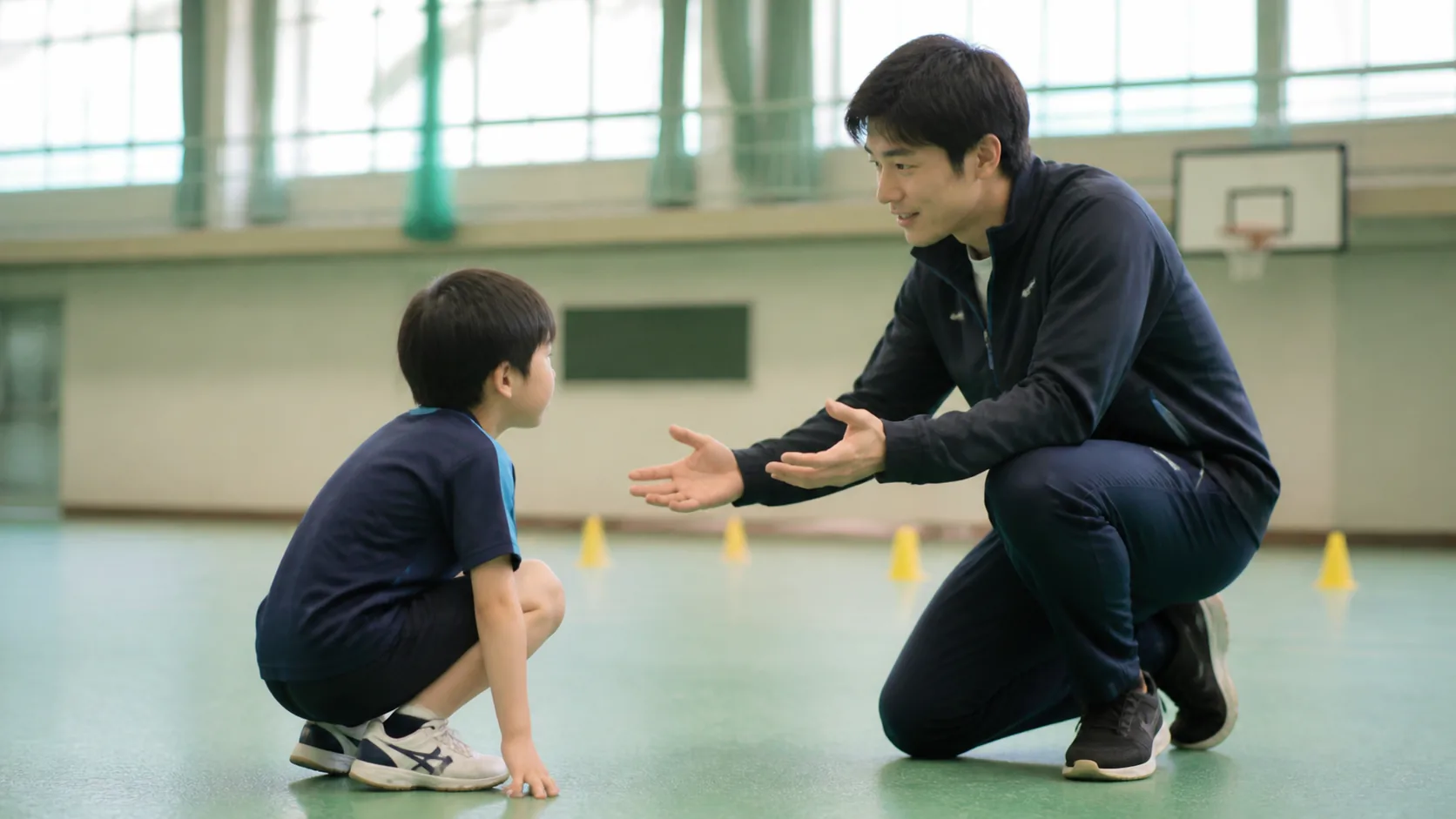 日本人の指導者から落ち着いて説明を聞く子ども