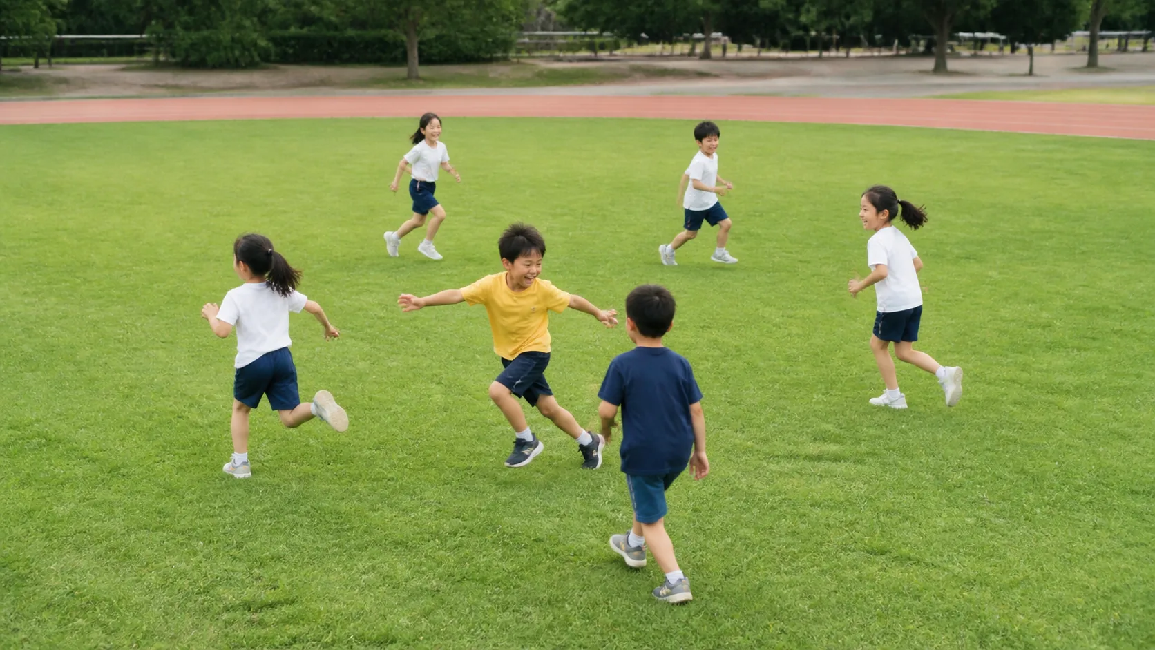 芝生の上で楽しそうに動く日本人の子どもたち