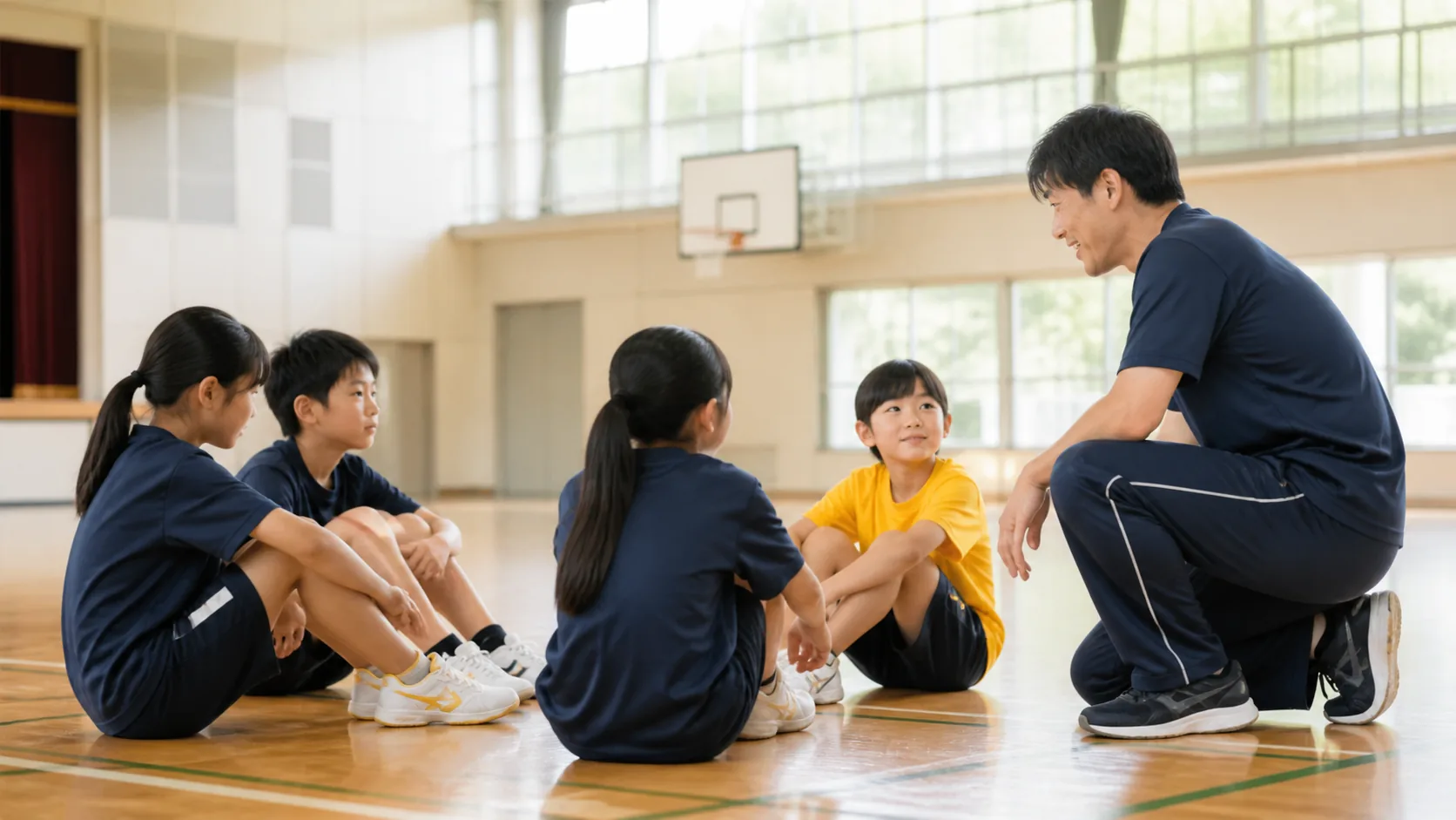 日本人の指導者と子どもたちが体育館で話す様子