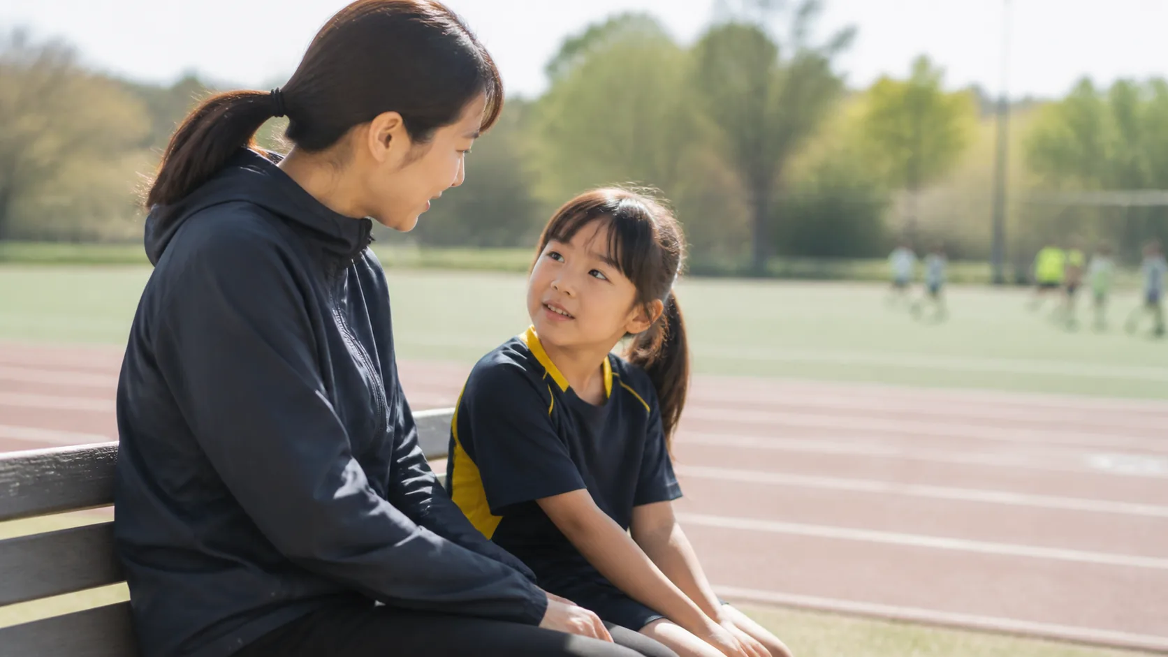 運動を見たあとに保護者と話す日本人の子ども