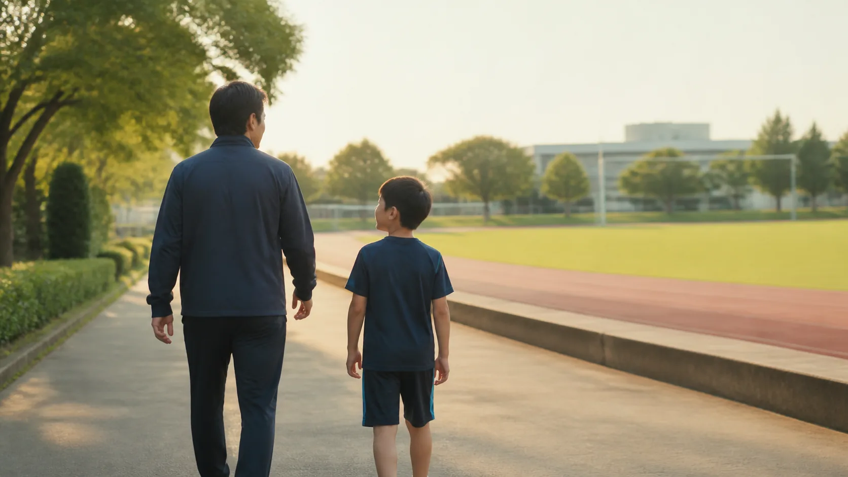 活動後に運動場のそばを歩く日本人の親子